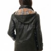 Refined Midnight Black Leather Duffle Long Coat - Women's Plaid Lined Hood Toggle Closure Flap Pockets Warm Winter Mid Length Overcoat Style