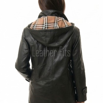 Refined Midnight Black Leather Duffle Long Coat - Women's Plaid Lined Hood Toggle Closure Flap Pockets Warm Winter Mid Length Overcoat Style