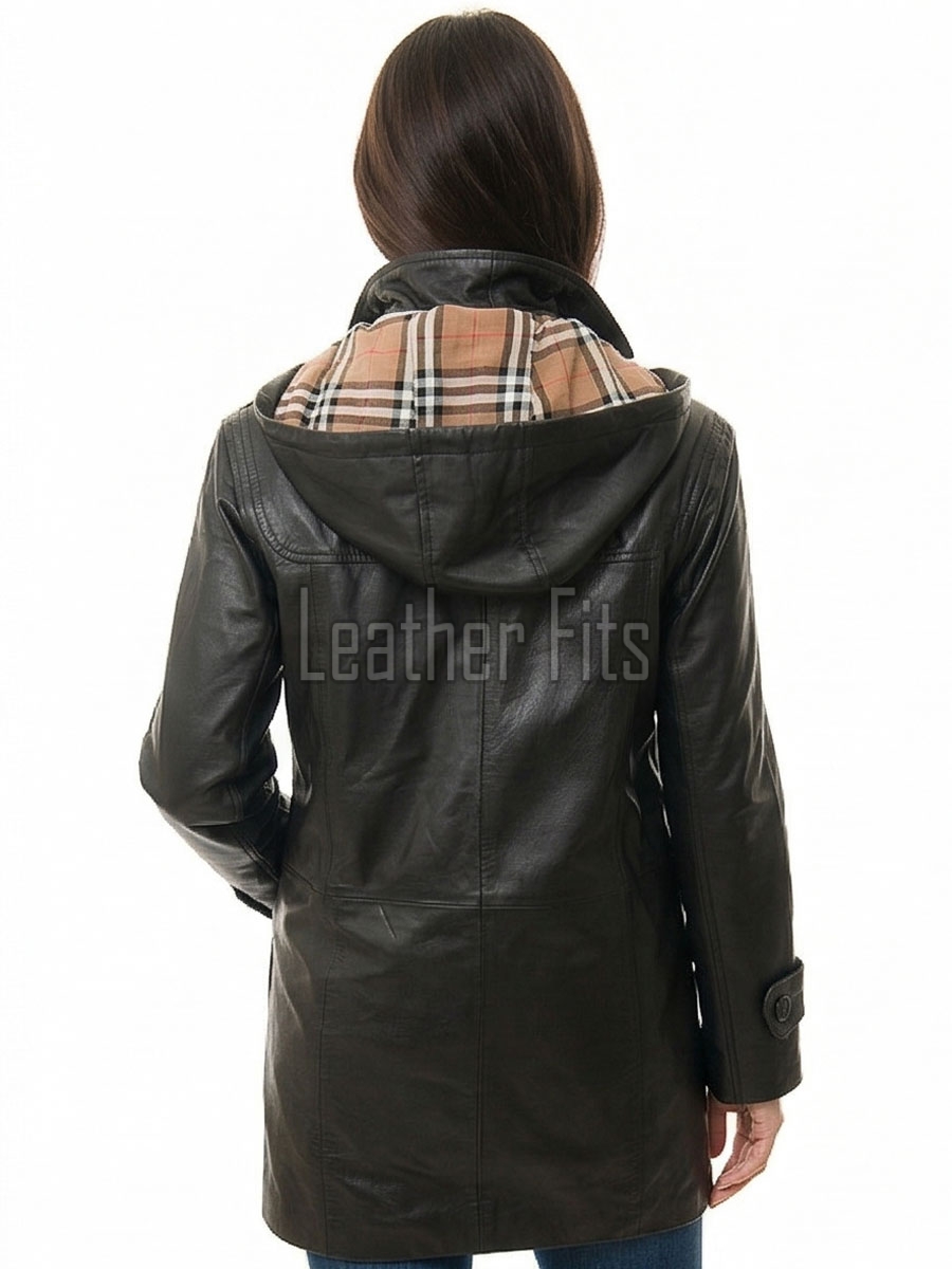 Refined Midnight Black Leather Duffle Long Coat - Women's Plaid Lined Hood Toggle Closure Flap Pockets Warm Winter Mid Length Overcoat Style