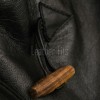 Refined Midnight Black Leather Duffle Long Coat - Women's Plaid Lined Hood Toggle Closure Flap Pockets Warm Winter Mid Length Overcoat Style