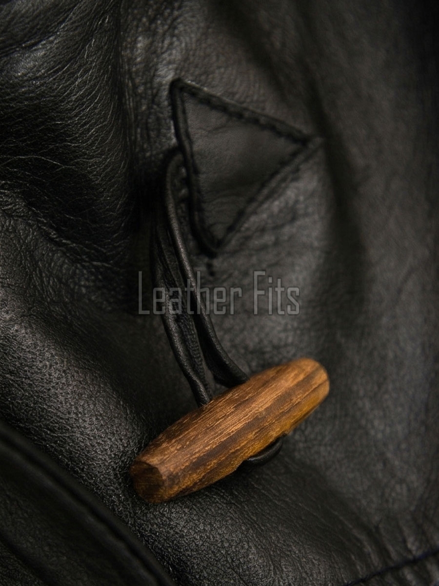 Refined Midnight Black Leather Duffle Long Coat - Women's Plaid Lined Hood Toggle Closure Flap Pockets Warm Winter Mid Length Overcoat Style