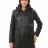 Refined Midnight Black Leather Duffle Long Coat - Women's Plaid Lined Hood Toggle Closure Flap Pockets Warm Winter Mid Length Overcoat Style