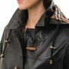 Refined Midnight Black Leather Duffle Long Coat - Women's Plaid Lined Hood Toggle Closure Flap Pockets Warm Winter Mid Length Overcoat Style