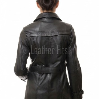 Sovereign Obsidian Black Leather Trench Long Coat - Women's Classic Double Breasted Buckled Belted Fitted Mid Length Premium Winter Overcoat