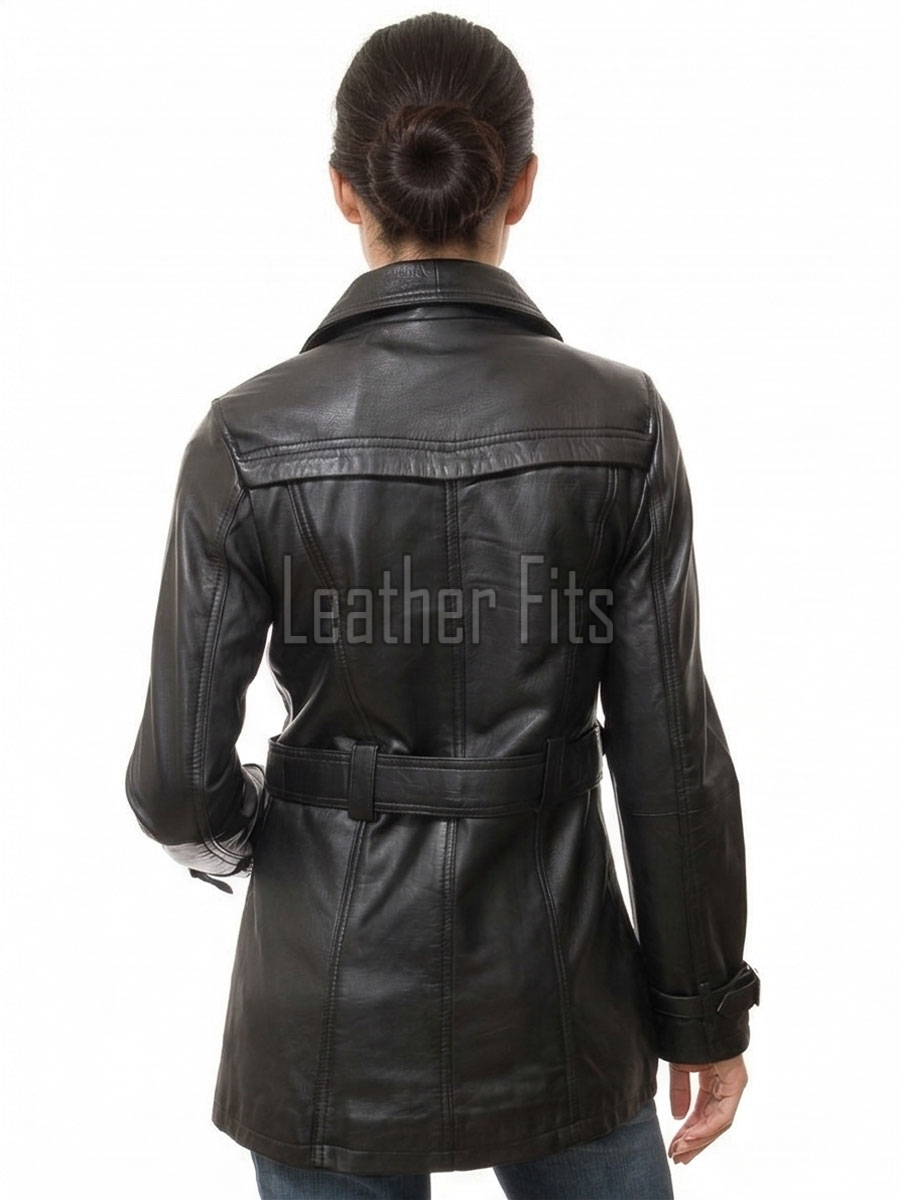 Sovereign Obsidian Black Leather Trench Long Coat - Women's Classic Double Breasted Buckled Belted Fitted Mid Length Premium Winter Overcoat