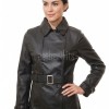 Sovereign Obsidian Black Leather Trench Long Coat - Women's Classic Double Breasted Buckled Belted Fitted Mid Length Premium Winter Overcoat