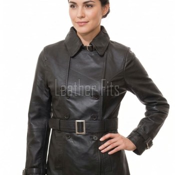 Sovereign Obsidian Black Leather Trench Long Coat - Women's Classic Double Breasted Buckled Belted Fitted Mid Length Premium Winter Overcoat