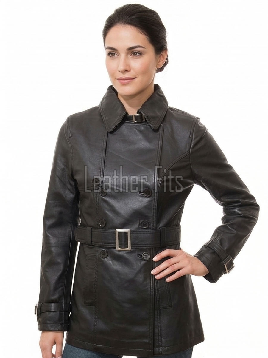 Sovereign Obsidian Black Leather Trench Long Coat - Women's Classic Double Breasted Buckled Belted Fitted Mid Length Premium Winter Overcoat