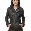 Sovereign Obsidian Black Leather Trench Long Coat - Women's Classic Double Breasted Buckled Belted Fitted Mid Length Premium Winter Overcoat
