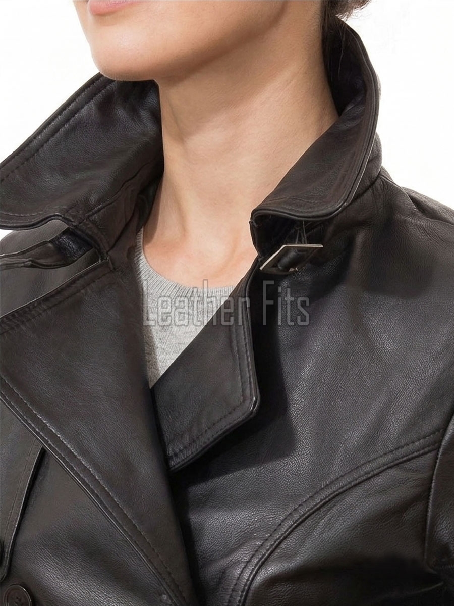 Sovereign Obsidian Black Leather Trench Long Coat - Women's Classic Double Breasted Buckled Belted Fitted Mid Length Premium Winter Overcoat
