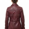 Opulent Burgundy Leather Trench Long Coat - Women's Classic Double Breasted Buckled Belted Fitted Mid Length Premium Winter Overcoat