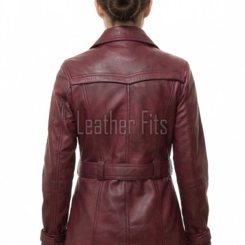 Opulent Burgundy Leather Trench Long Coat - Women's Classic Double Breasted Buckled Belted Fitted Mid Length Premium Winter Overcoat