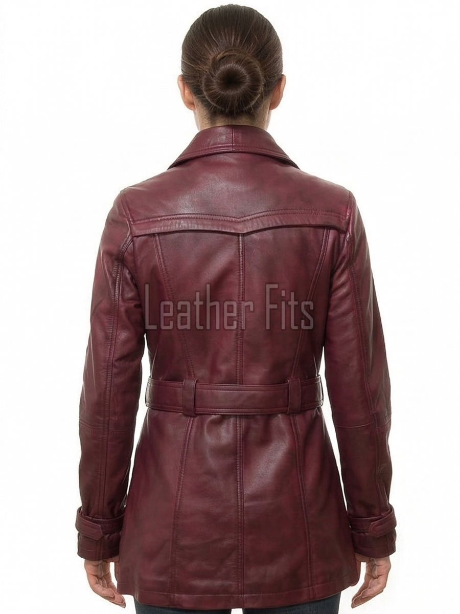 Opulent Burgundy Leather Trench Long Coat - Women's Classic Double Breasted Buckled Belted Fitted Mid Length Premium Winter Overcoat