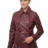 Opulent Burgundy Leather Trench Long Coat - Women's Classic Double Breasted Buckled Belted Fitted Mid Length Premium Winter Overcoat