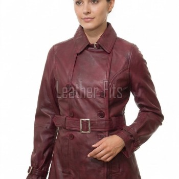 Opulent Burgundy Leather Trench Long Coat - Women's Classic Double Breasted Buckled Belted Fitted Mid Length Premium Winter Overcoat