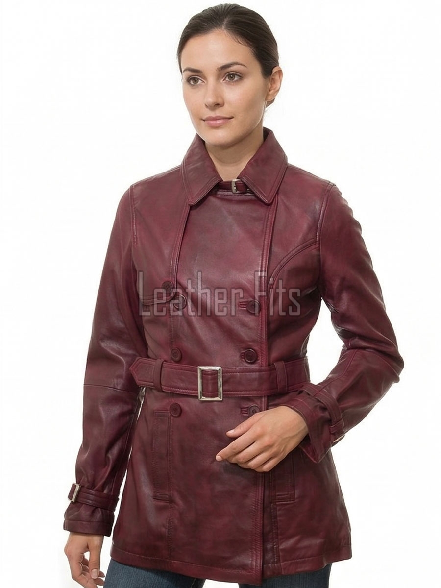 Opulent Burgundy Leather Trench Long Coat - Women's Classic Double Breasted Buckled Belted Fitted Mid Length Premium Winter Overcoat