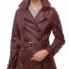 Opulent Burgundy Leather Trench Long Coat - Women's Classic Double Breasted Buckled Belted Fitted Mid Length Premium Winter Overcoat