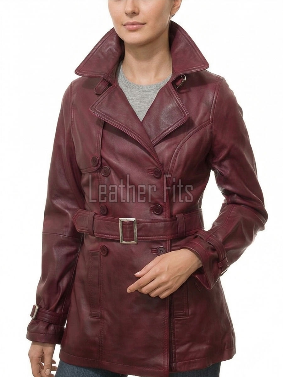 Opulent Burgundy Leather Trench Long Coat - Women's Classic Double Breasted Buckled Belted Fitted Mid Length Premium Winter Overcoat