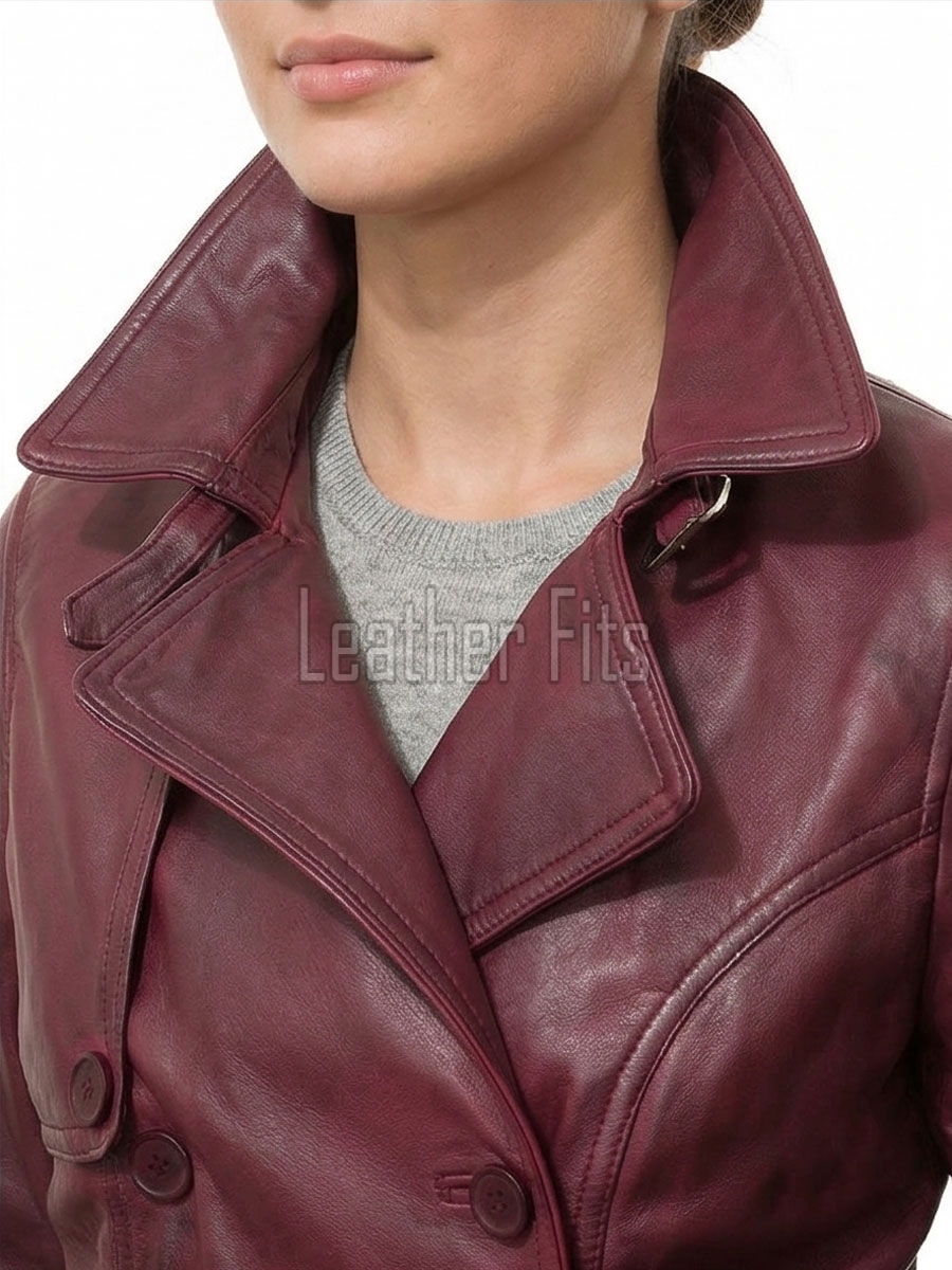 Opulent Burgundy Leather Trench Long Coat - Women's Classic Double Breasted Buckled Belted Fitted Mid Length Premium Winter Overcoat