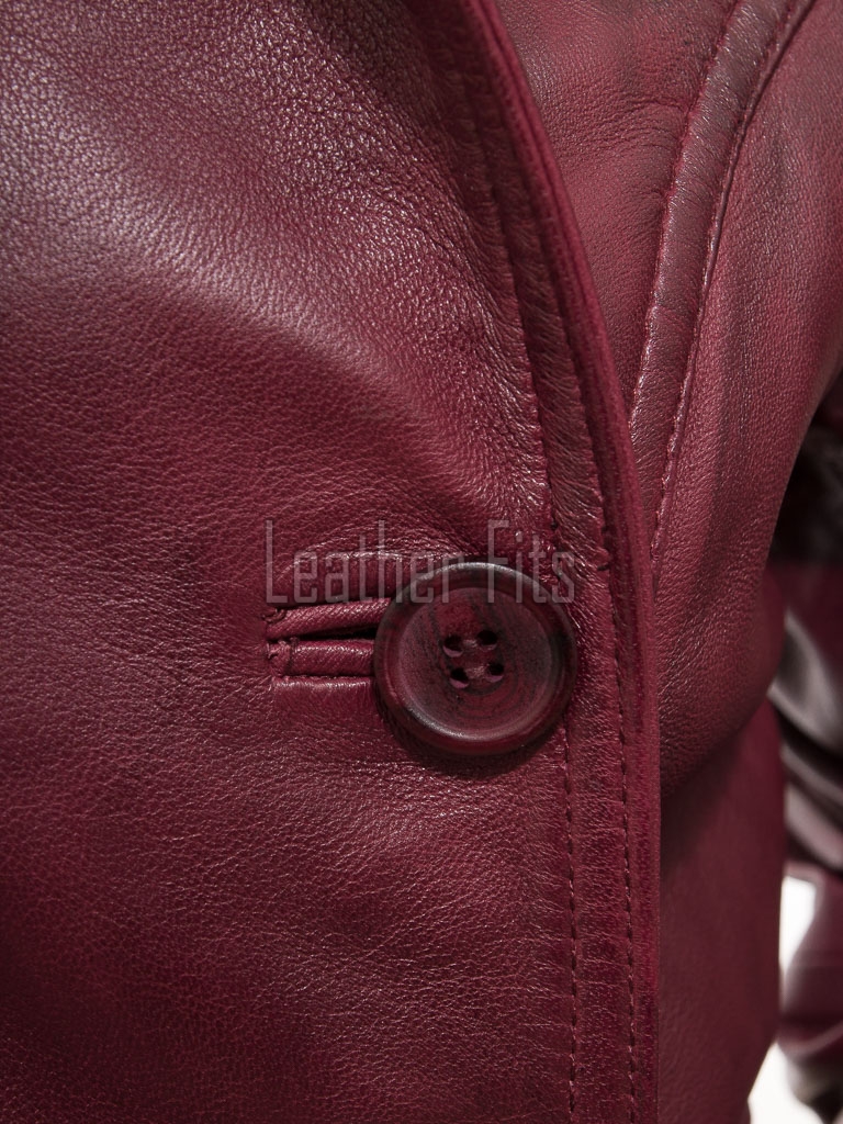 Opulent Burgundy Leather Trench Long Coat - Women's Classic Double Breasted Buckled Belted Fitted Mid Length Premium Winter Overcoat