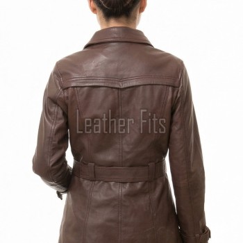 Majestic Chestnut Brown Leather Trench Long Coat - Women's Classic Double Breasted Buckled Belted Fitted Mid Length Premium Overcoat