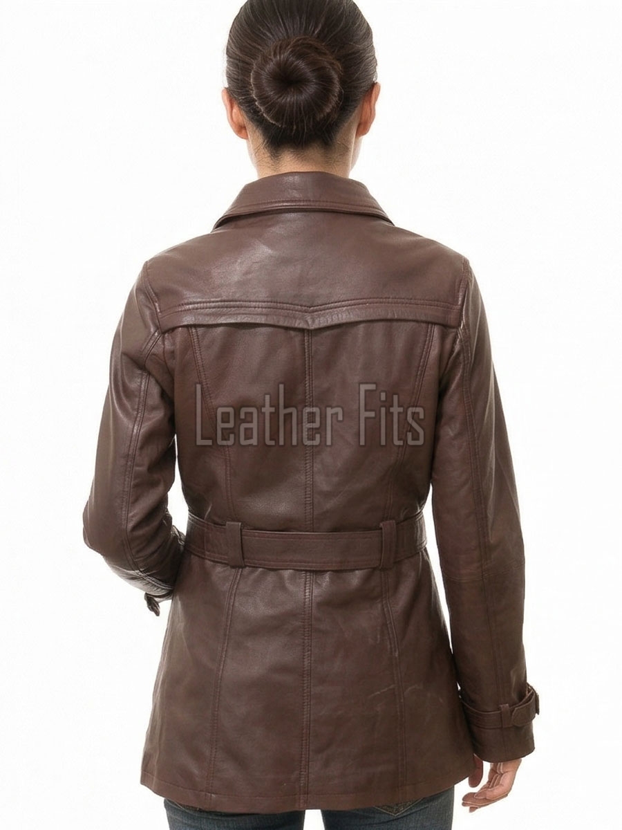Majestic Chestnut Brown Leather Trench Long Coat - Women's Classic Double Breasted Buckled Belted Fitted Mid Length Premium Overcoat