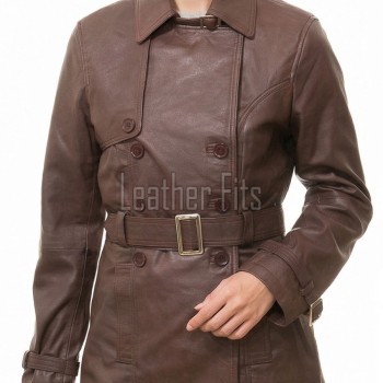 Majestic Chestnut Brown Leather Trench Long Coat - Women's Classic Double Breasted Buckled Belted Fitted Mid Length Premium Overcoat
