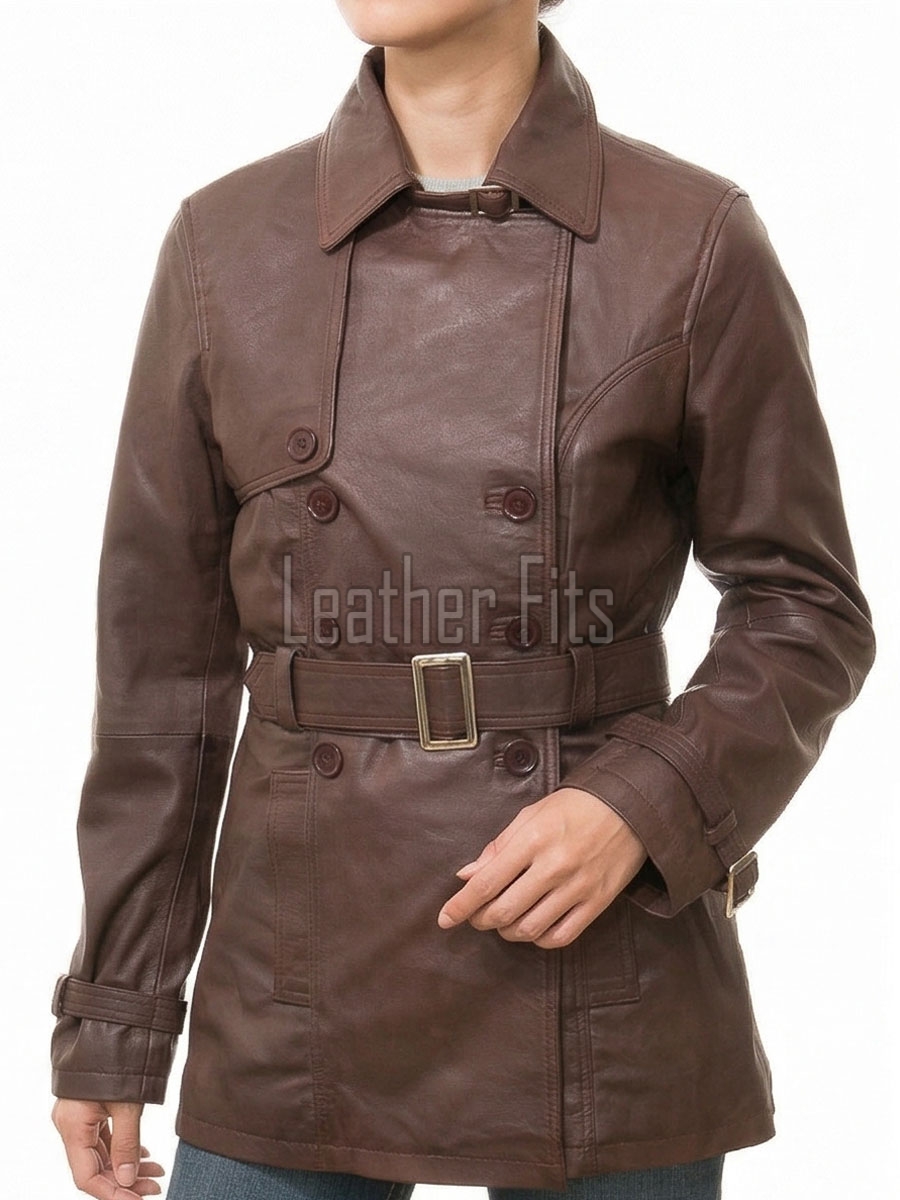 Majestic Chestnut Brown Leather Trench Long Coat - Women's Classic Double Breasted Buckled Belted Fitted Mid Length Premium Overcoat