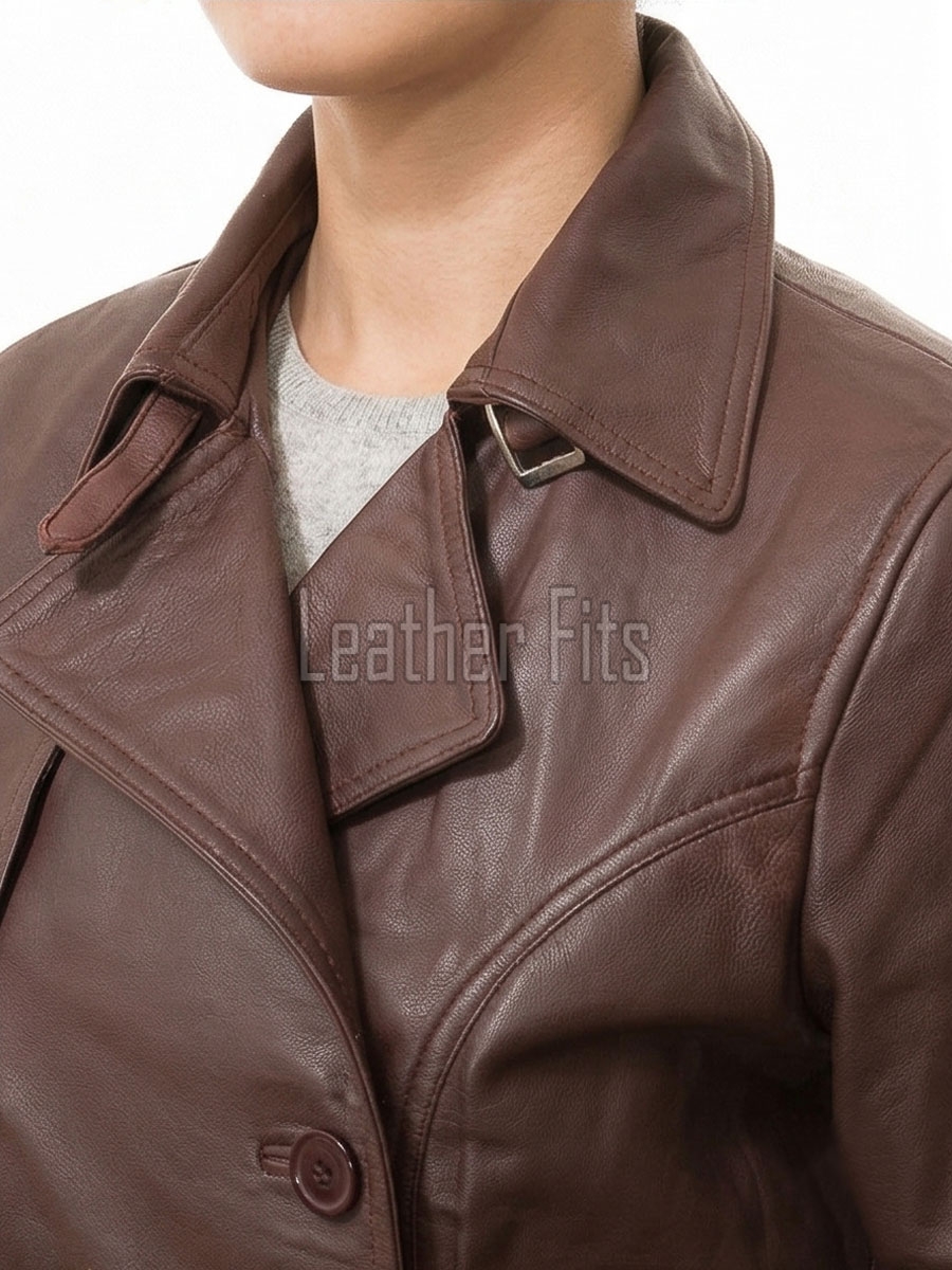 Majestic Chestnut Brown Leather Trench Long Coat - Women's Classic Double Breasted Buckled Belted Fitted Mid Length Premium Overcoat