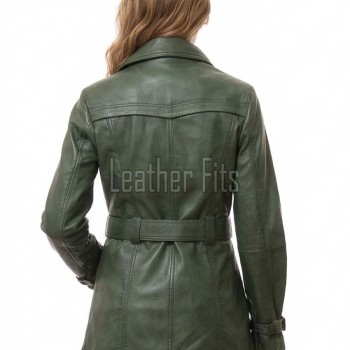 Deluxe Masterpiece Forest Green Leather Trench Long Coat - Women's Classic Double Breasted Buckled Belted Fitted Mid Length Winter Overcoats