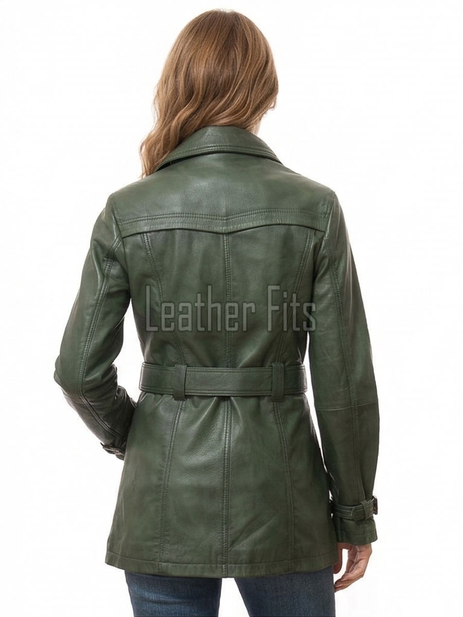 Deluxe Masterpiece Forest Green Leather Trench Long Coat - Women's Classic Double Breasted Buckled Belted Fitted Mid Length Winter Overcoats