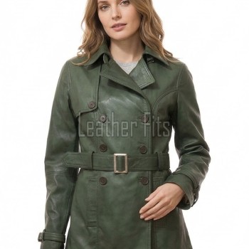 Deluxe Masterpiece Forest Green Leather Trench Long Coat - Women's Classic Double Breasted Buckled Belted Fitted Mid Length Winter Overcoats