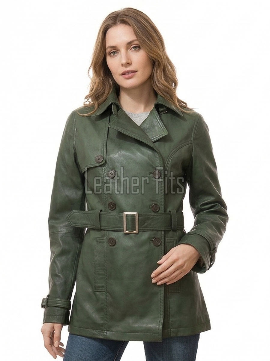 Deluxe Masterpiece Forest Green Leather Trench Long Coat - Women's Classic Double Breasted Buckled Belted Fitted Mid Length Winter Overcoats