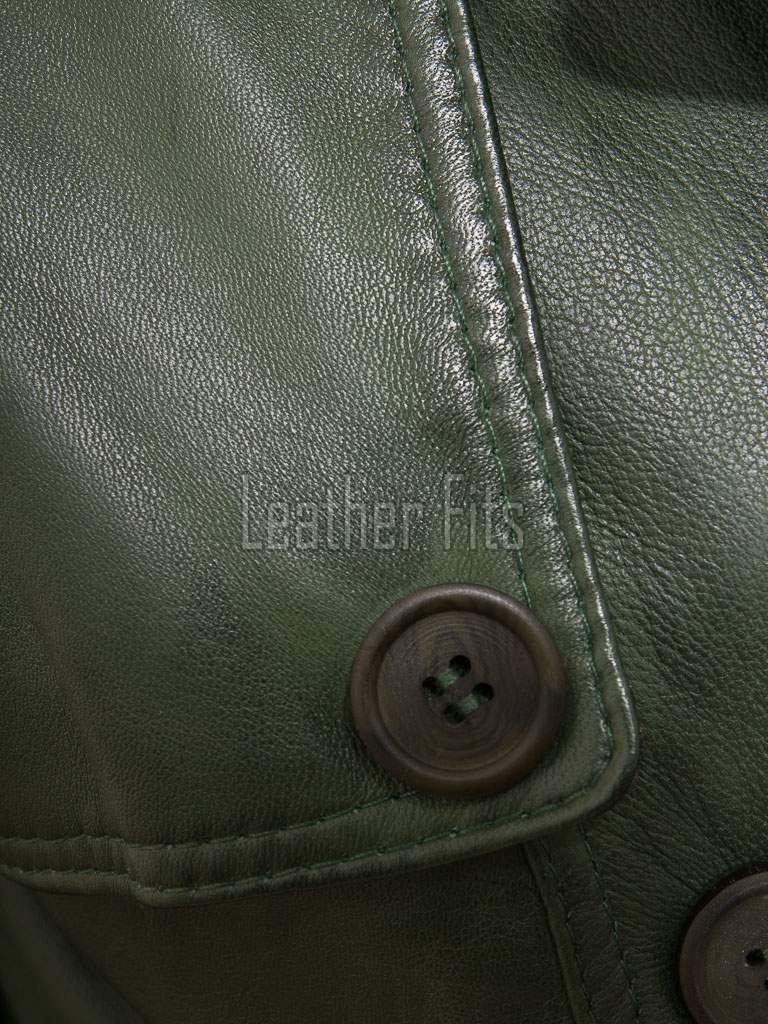 Deluxe Masterpiece Forest Green Leather Trench Long Coat - Women's Classic Double Breasted Buckled Belted Fitted Mid Length Winter Overcoats