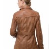 Cognac Tan Leather Trench Long Coat - Women's Classic Double Breasted Buckled Belted Fitted Mid Length Premium Winter Overcoat