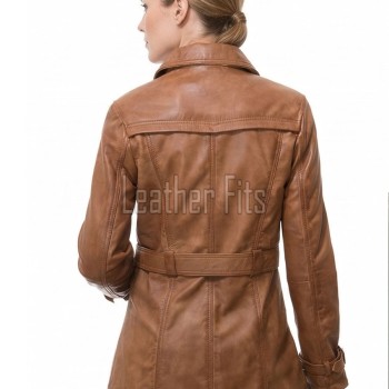 Cognac Tan Leather Trench Long Coat - Women's Classic Double Breasted Buckled Belted Fitted Mid Length Premium Winter Overcoat
