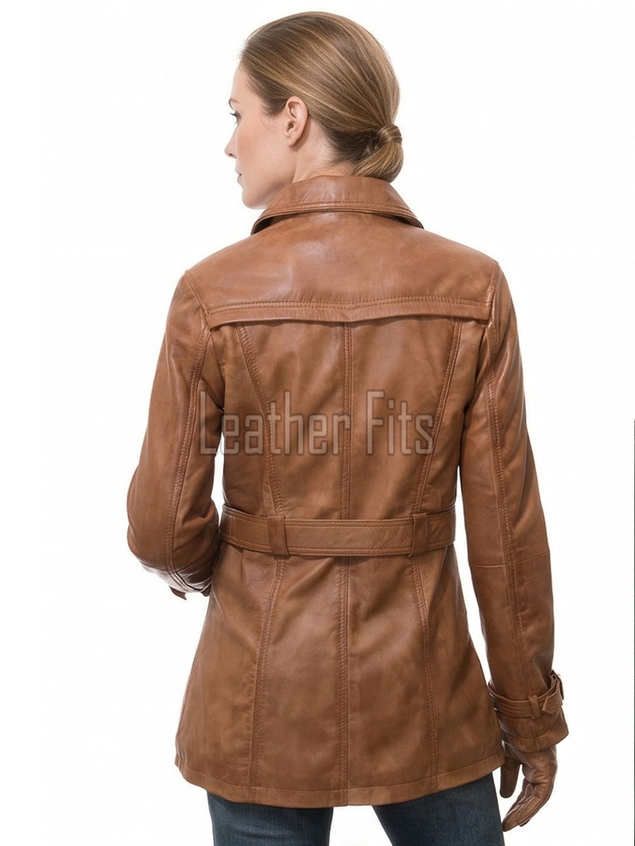 Cognac Tan Leather Trench Long Coat - Women's Classic Double Breasted Buckled Belted Fitted Mid Length Premium Winter Overcoat