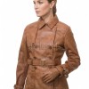 Cognac Tan Leather Trench Long Coat - Women's Classic Double Breasted Buckled Belted Fitted Mid Length Premium Winter Overcoat