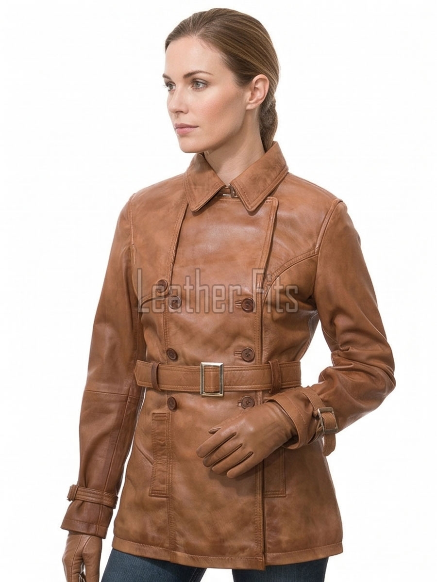 Cognac Tan Leather Trench Long Coat - Women's Classic Double Breasted Buckled Belted Fitted Mid Length Premium Winter Overcoat