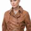 Cognac Tan Leather Trench Long Coat - Women's Classic Double Breasted Buckled Belted Fitted Mid Length Premium Winter Overcoat
