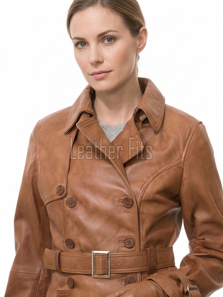 Cognac Tan Leather Trench Long Coat - Women's Classic Double Breasted Buckled Belted Fitted Mid Length Premium Winter Overcoat
