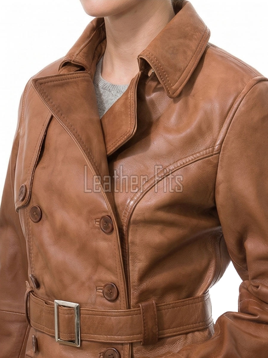 Cognac Tan Leather Trench Long Coat - Women's Classic Double Breasted Buckled Belted Fitted Mid Length Premium Winter Overcoat