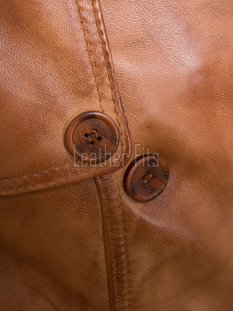 Cognac Tan Leather Trench Long Coat - Women's Classic Double Breasted Buckled Belted Fitted Mid Length Premium Winter Overcoat