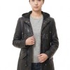 Pristine Obsidian Black Leather Hooded Long Coat - Women's Classic Zip Up Drawstring Waist Slim Fit Mid Length Premium Winter Overcoat