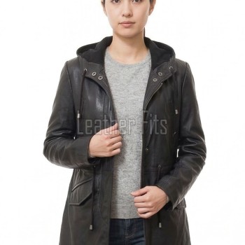 Pristine Obsidian Black Leather Hooded Long Coat - Women's Classic Zip Up Drawstring Waist Slim Fit Mid Length Premium Winter Overcoat