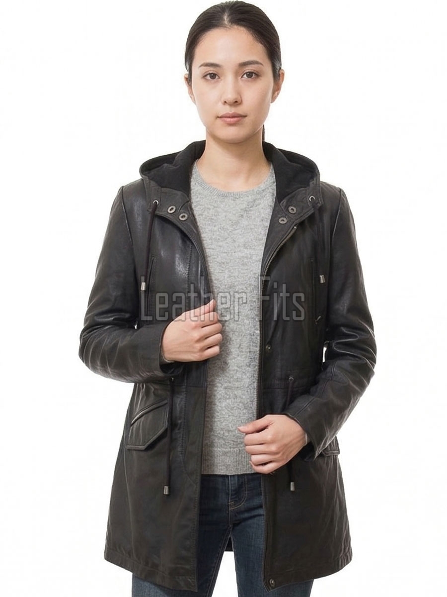Pristine Obsidian Black Leather Hooded Long Coat - Women's Classic Zip Up Drawstring Waist Slim Fit Mid Length Premium Winter Overcoat