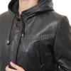 Pristine Obsidian Black Leather Hooded Long Coat - Women's Classic Zip Up Drawstring Waist Slim Fit Mid Length Premium Winter Overcoat