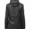 Pristine Obsidian Black Leather Hooded Long Coat - Women's Classic Zip Up Drawstring Waist Slim Fit Mid Length Premium Winter Overcoat