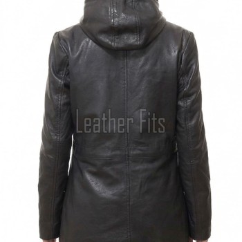 Pristine Obsidian Black Leather Hooded Long Coat - Women's Classic Zip Up Drawstring Waist Slim Fit Mid Length Premium Winter Overcoat