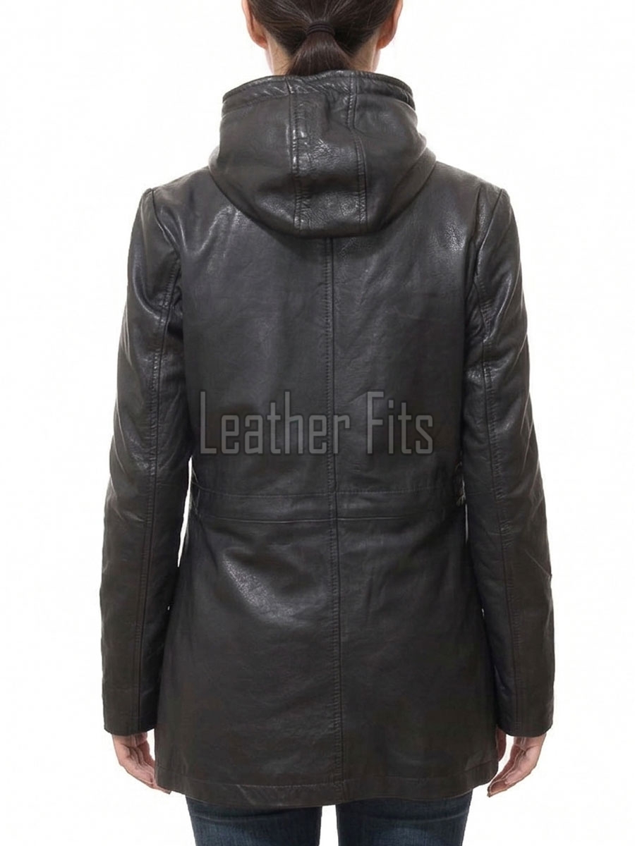 Pristine Obsidian Black Leather Hooded Long Coat - Women's Classic Zip Up Drawstring Waist Slim Fit Mid Length Premium Winter Overcoat